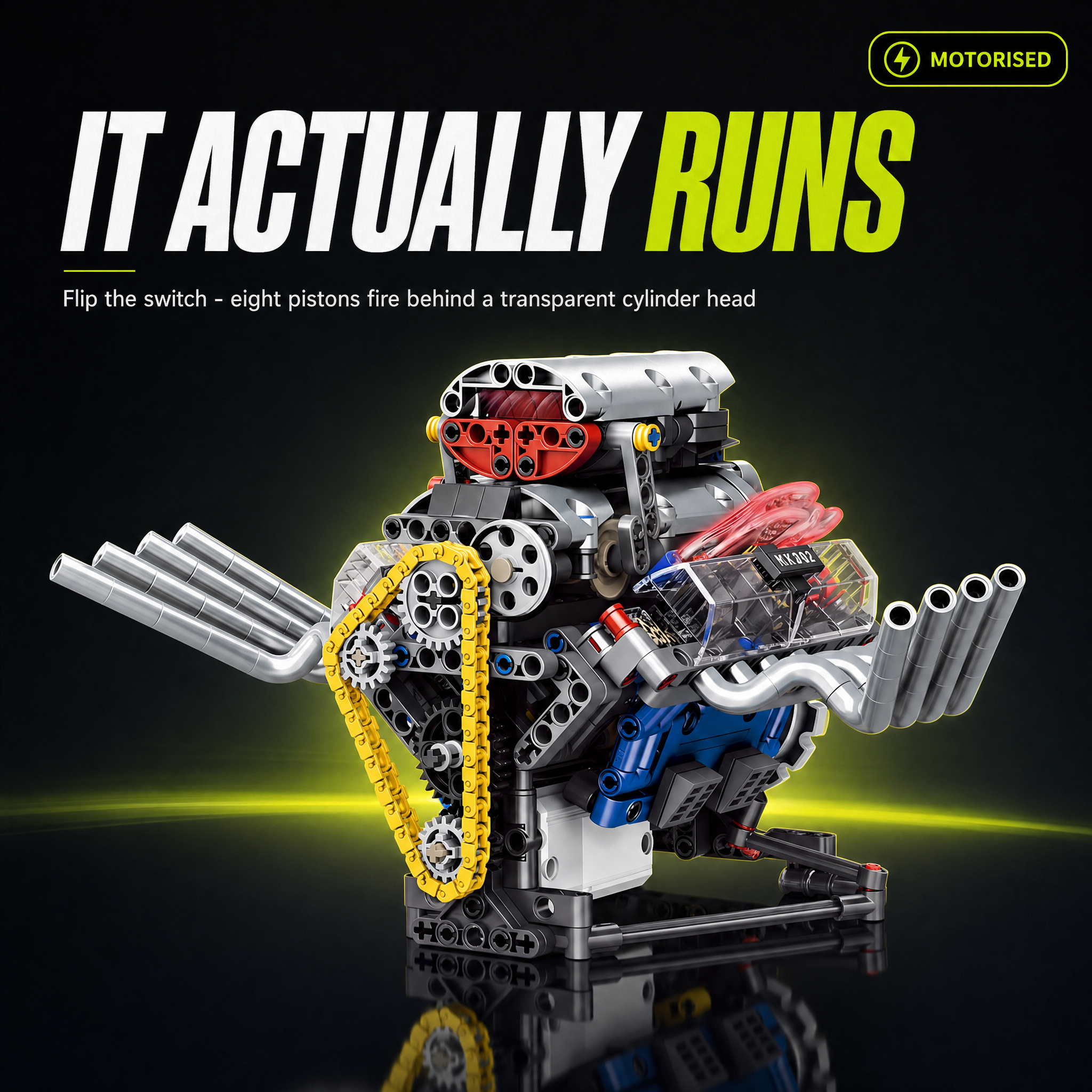 It actually runs - motorised V8 with transparent cylinder head, eight pistons fire