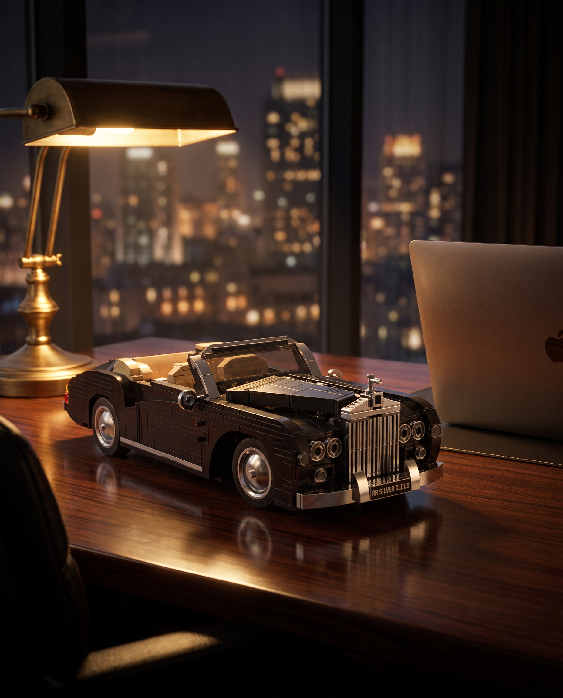 1964 RR Silver Cloud on a dark wood desk at night, quiet luxury lifestyle shot
