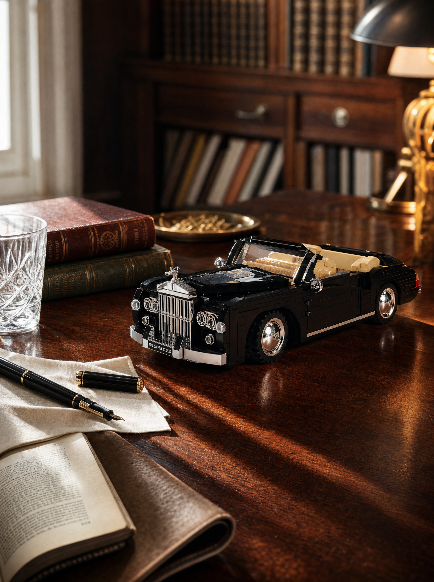 1964 RR Silver Cloud on a sunlit library desk, quiet luxury lifestyle shot